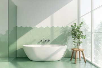 Fototapeta premium Bright minimalist bathroom with green tiles, white bathtub, and potted plant by a window.