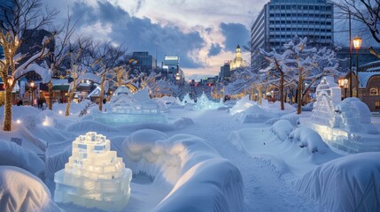 Illuminated Ice Sculptures in a Snowy City Square