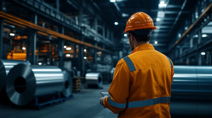 A dramatic shot of an aluminum worker inspecting a newly manufactured product, with large machines and industrial equipment in the background, symbolizing quality control and preci