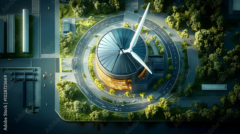 Poster aerial view of a modern building with a wind turbine and greenery.