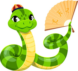 Fototapeta premium Cartoon snake character wearing a traditional Chinese hat and holding a decorative fan, symbolizing the 2025 Chinese lunar year. Cute reptile conveys playful and festive mood while celebrating holiday