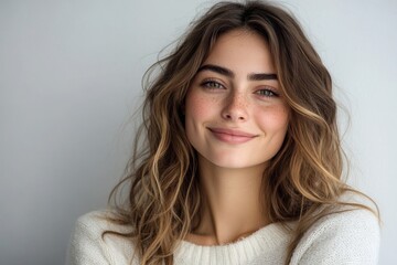 Fototapeta premium Happy young woman looking away with a smile while standing in a studio, Generative AI