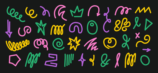 90s. Abstract colorful doodle and scribble shapes. Modern playful childish minimalist figures, squiggles, strokes, lines. Memphis inspired background. Graffiti. Retro nostalgia. Vector.