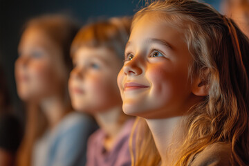 Family attending a local performance or show, shared experiences.Children are happily sitting in a theater, enjoying a movie