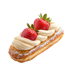 Strawberry &eacute;clair isolated on a white background, vibrant and glossy with a sweet glaze. PNG