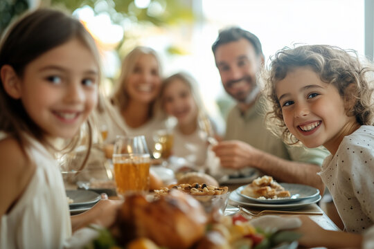 Family gathering for a Sunday brunch, casual and loving interaction.A family is happily sitting around a table enjoying food together