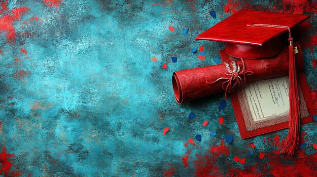 Celebratory Graduation Cap and Diploma Against a Vibrant Blue and Red Textured Background During a Graduation Season Event - Powered by Adobe