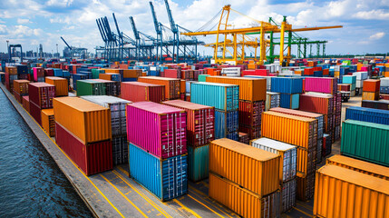 Fototapeta premium Vibrant Cargo Containers Stacked at a Bustling Port Under a Bright Blue Sky During Daytime Operations