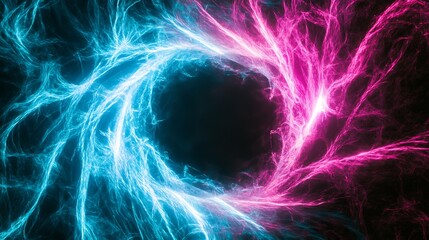 Abstract swirling blue and pink energy vortex on black background.