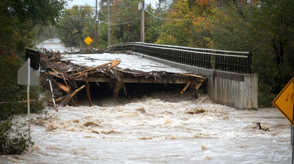 Flooded bridge covered with debris across a rushing river, showing the impact of heavy rainfall and potential natural disasters