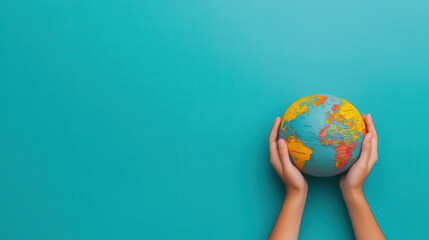 Hands holding globe on turquoise background, symbolizing global awareness and unity. This captures essence of caring for our planet and its diverse cultures