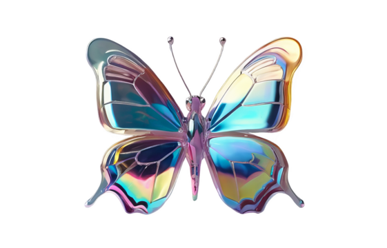 3D chrome element in Y2K style, isolated background, liquid holographic metal. A butterfly with rainbow colors made of glass, shiny reflective surface.