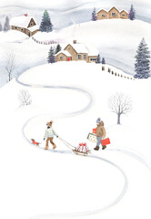 Christmas holiday card with winter vertical landscape with family, dog, cottages, trees and pines. Watercolor hand-drawn illustration for greeting card, banner or poster.