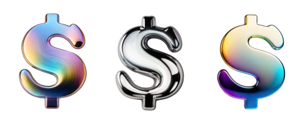 3D chrome element in Y2K style, isolated background, liquid holographic metal. Three dollar signs with different colors, shiny surface.