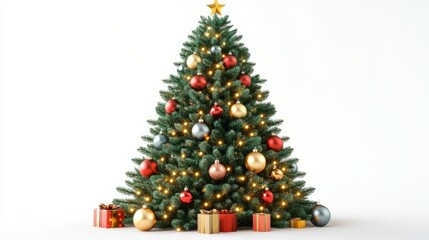 decorated christmas tree with ornaments isolated on white