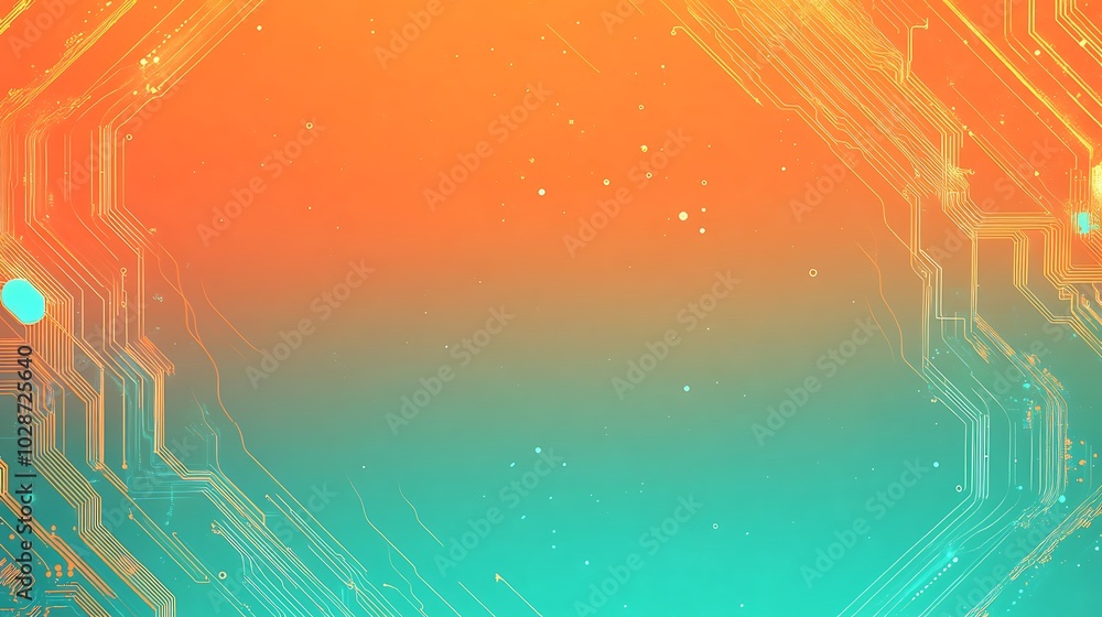 Poster Abstract tech background with orange and turquoise gradient and glowing lines.