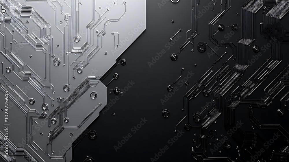 Poster abstract technological background with a silver and black circuit board design.