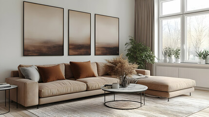 Cozy living room with neutral tones and modern decor elements.