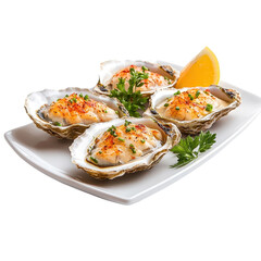 Grilled oysters on a plate, isolated on a white background, elegantly arranged with garnishes, perfect for an upscale dining experience. PNG