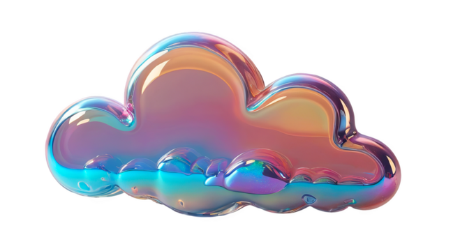 3D chrome holographic element in Y2K style, isolated background, liquid metal. Colorful cloud with a rainbow effect floating in the air, pastel color.