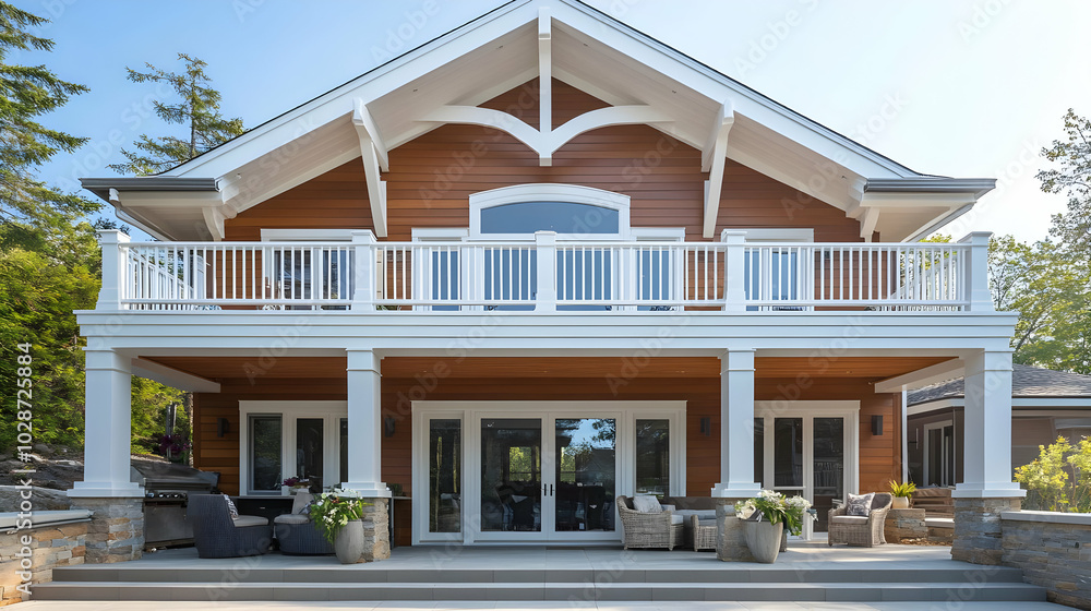 Canvas Prints Modern house with a spacious balcony and outdoor seating area.