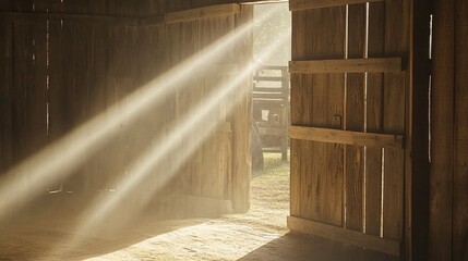 Sunlit American Countryside: Vintage Barn Door with Farming Equipment Inside