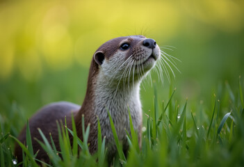 A contemplative otter amidst green grasses and droplets.