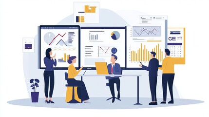 Fototapeta premium Vector illustration of office people: Refining marketing plans with creative content and business insights