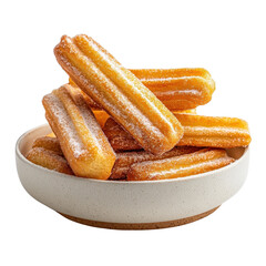 Churros arranged on a plate, isolated on a white background, dusted with sugar for an enticing and mouth-watering look. PNG