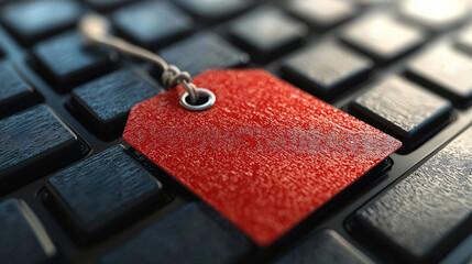 close up view of a red sale tag rests on a laptop keyboard emphasizing discounts available during Black Friday for electronic items and gear.