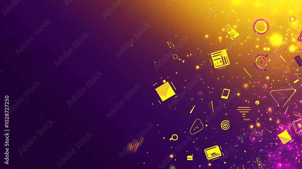 Poster abstract yellow and purple background with scattered geometric shapes and sparkles.