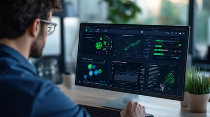 Obraz premium An engaging view of a smart waste management dashboard, featuring real-time data and analytics on waste collection efficiency, with eco-friendly graphics symbolizing sustainability
