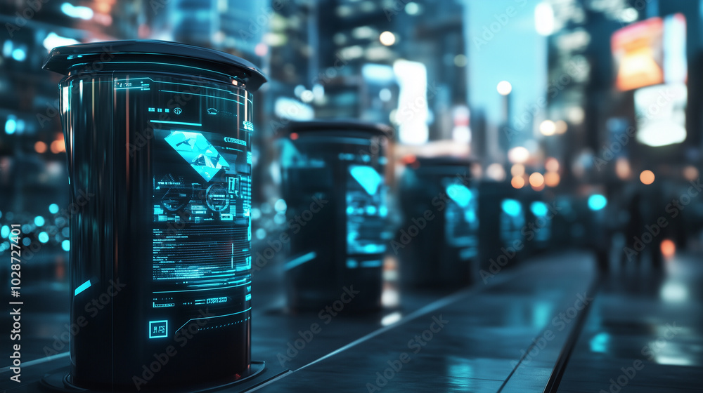 Poster a futuristic cityscape featuring smart waste collection bins connected to a central system, with a d