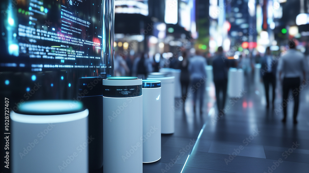 Poster a futuristic cityscape featuring smart waste collection bins connected to a central system, with a d
