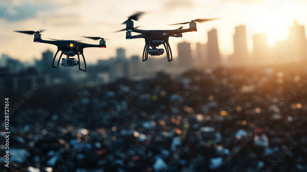 Poster a modern urban landscape with drones collecting waste, with a digital display showcasing real-time d