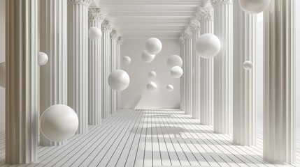 Obraz premium 3d wallpaper featuring colorful balls in tunnels with architectural columns – stunning visual for modern interiors, creative spaces, and unique wall decor designs, ideal for artistic home aesthetics a