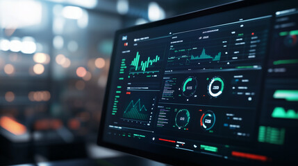 Fototapeta premium A futuristic dashboard in a smart city operations center, displaying various waste management statistics, including collection efficiency and environmental sustainability metrics.