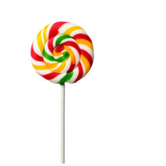 Colorful lollipop isolated on a white background, showcasing its vibrant swirls and shiny surface. PNG