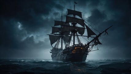 Fototapeta premium A large ship is gracefully floating on the calm ocean at night