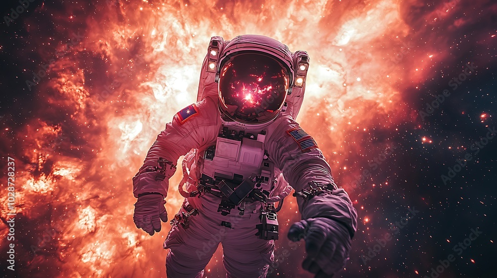 Poster astronaut in a white spacesuit floating in space against a backdrop of red nebula with stars.