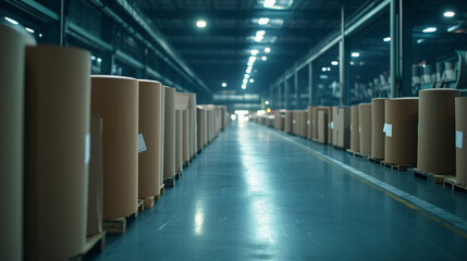 Fototapeta premium A wide-angle view of the entire paper manufacturing process, from the delivery of raw materials to the packaging of finished products, showcasing the integration of technology and
