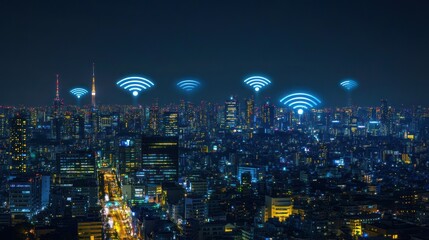 Obraz premium Modern city with wireless network connection and city scape concept