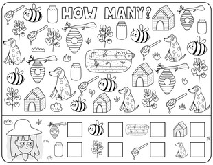 How many black and white activity page for kids with cute farm characters. Count the number of bee, dog, tomato and more. Puzzle game in outline for school and preschool. Vector illustration