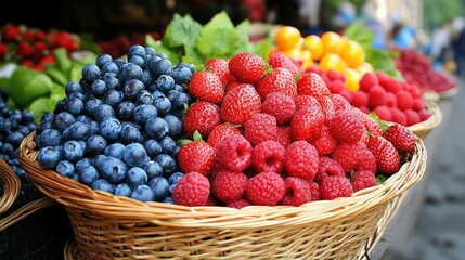 Fresh Berries in Woven Baskets at a Market