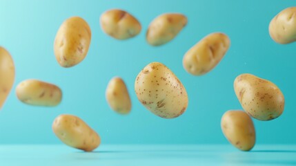 Fototapeta premium Potatoes Falling on a Turquoise Background