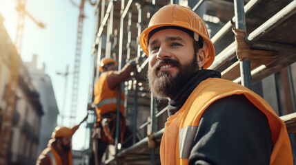 Group of construction workers wearing safety gear and helmets on a building site, focusing on a bearded man smiling in the foreground, with scaffolding and sunlight in the background.