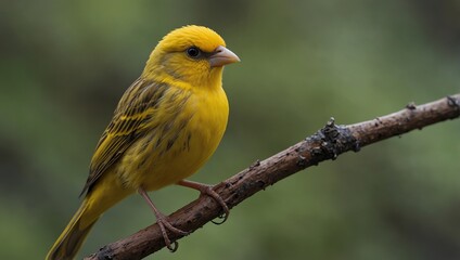 Fototapeta premium A small, yellow bird with dark markings is perched on a branch.