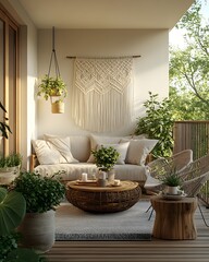 Serene Balcony Oasis: A tranquil bohemian balcony design features a cozy couch, macrame wall hanging, potted plants, and wooden accents, creating a peaceful outdoor retreat. 