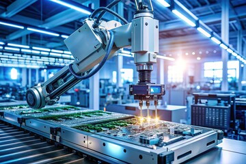 Automatic Robot Machine Installing Components on Circuit Board in Electronics Manufacturing Process - High-Tech Automation in Industrial Production