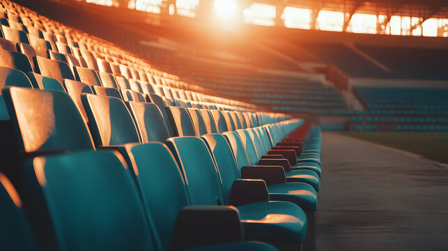 Wide-angle view of an empty football stadium with sunlight and green field